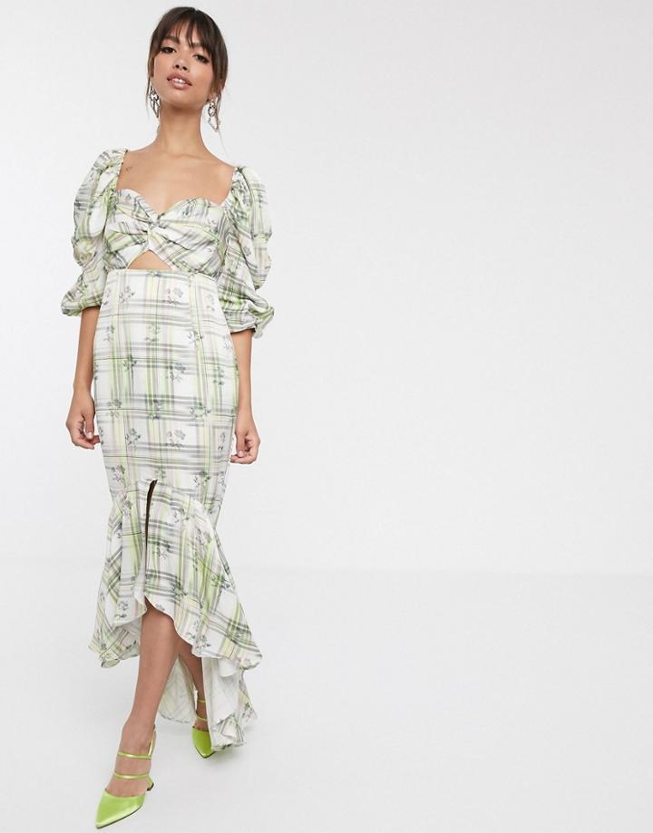 Asos Edition Puff Sleeve Midi Dress In Floral Check Print-multi