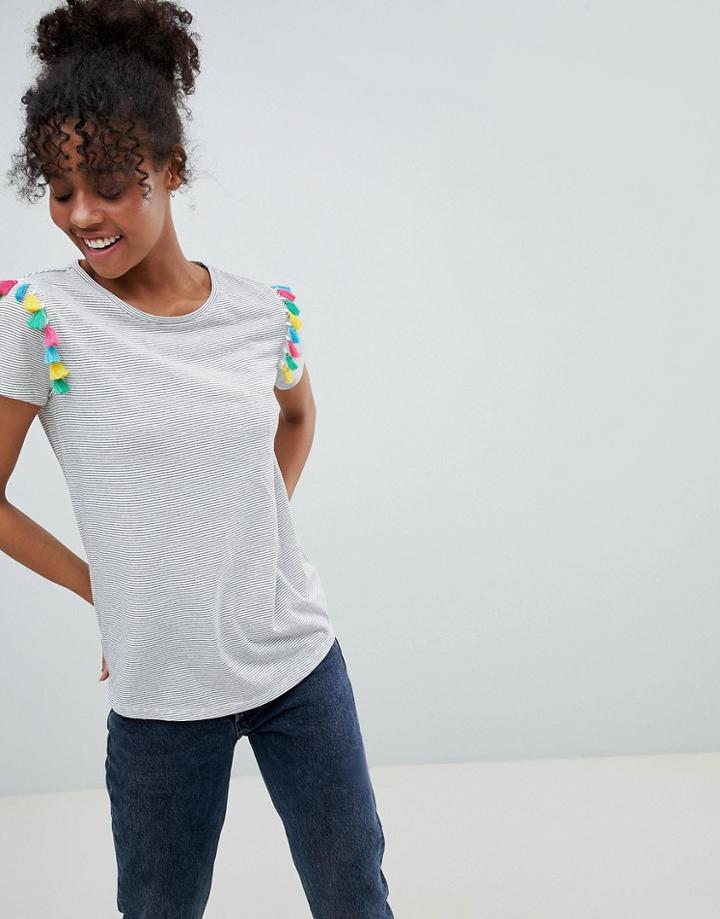 Nocozo Stripe T Shirt With Rainbow Tassle Trim - Gray