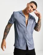 Asos Design Regular Fit Satin Shirt In Petrol Blue-blues