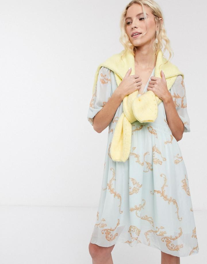 Notes Du Nord Omega Chain Print Shift Mini Dress In White-blue