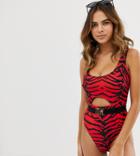 Wolf & Whistle Fuller Bust Exclusive Cut Out Belted Swimsuit In Tiger Print-multi