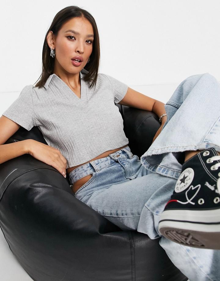 Topshop Varigated Rib Collar T-shirt In Gray Heather-grey