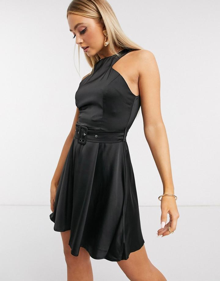 Missguided High Neck Belted Skater Dress In Black