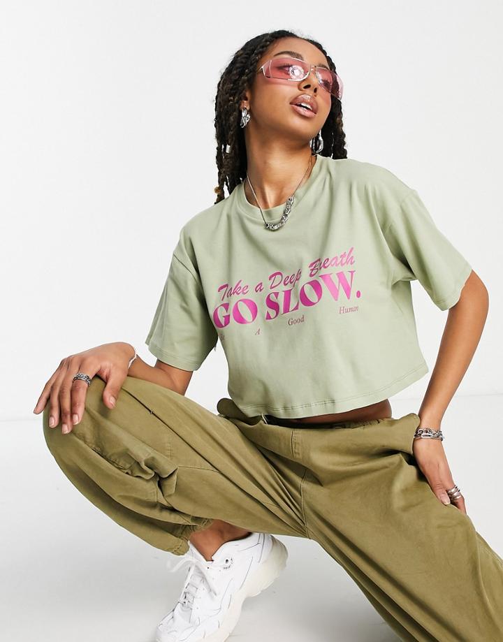 Jjxx Cropped Slogan T-shirt In Khaki-green