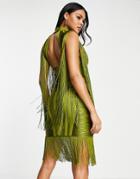 Asos Design Bandage Mini Dress With Fringe Detail In Khaki-green