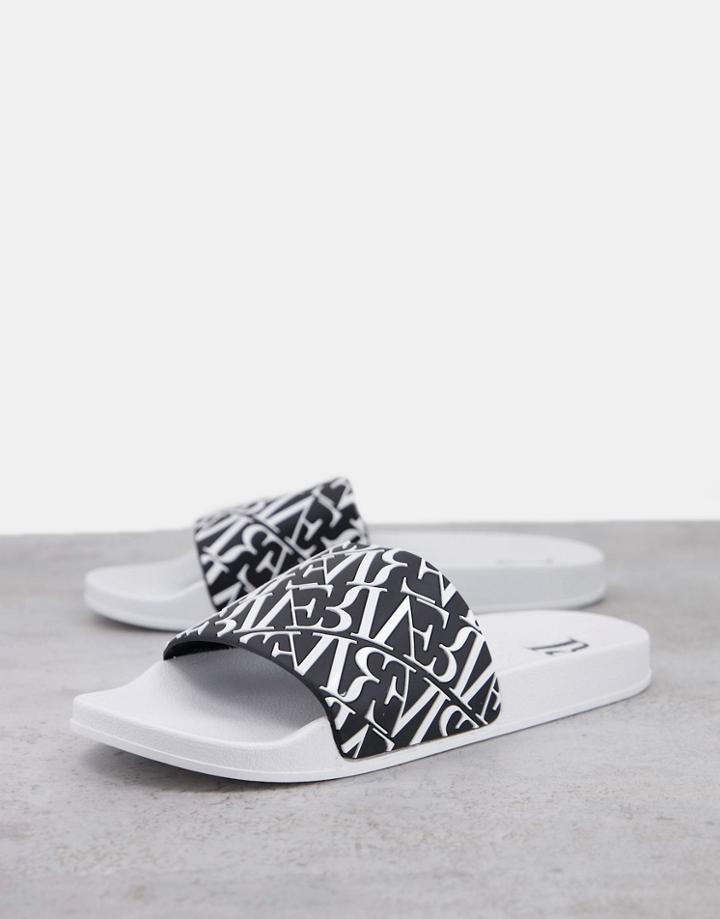 River Island Monogram Slides In Black And White