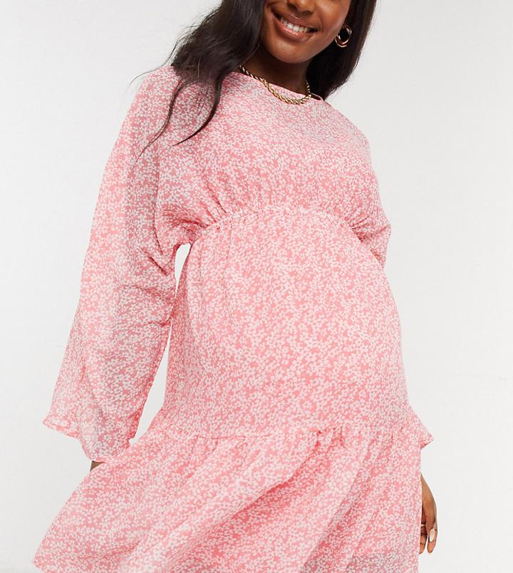 Influence Maternity Shirred Sleeve Mini Dress In Floral Print-pink