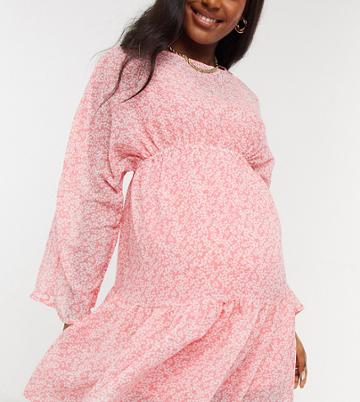 Influence Maternity Shirred Sleeve Mini Dress In Floral Print-pink