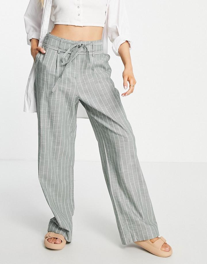Vero Moda Tailored Wide Leg Suit Pants With Tie Waist In Gray Stripe-green