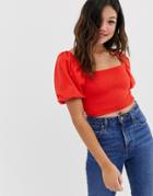 Asos Design Shirred Top With Puff Sleeve - Red