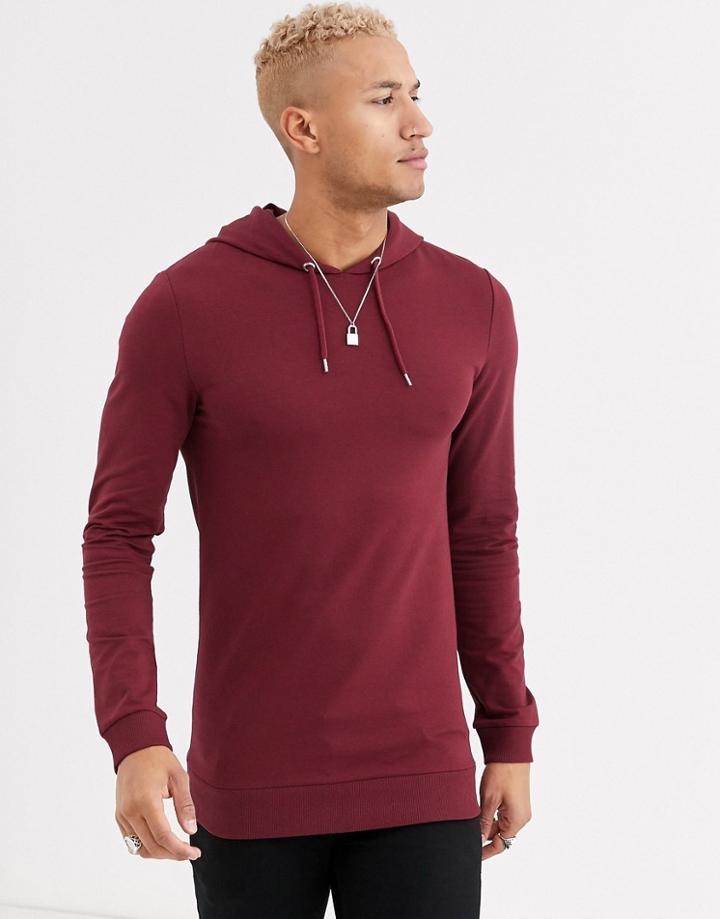 Asos Design Muscle Longline Hoodie In Burgundy-red