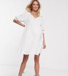 Asos Design Maternity Broderie Puff Sleeve V Front Mini Swing Dress In White