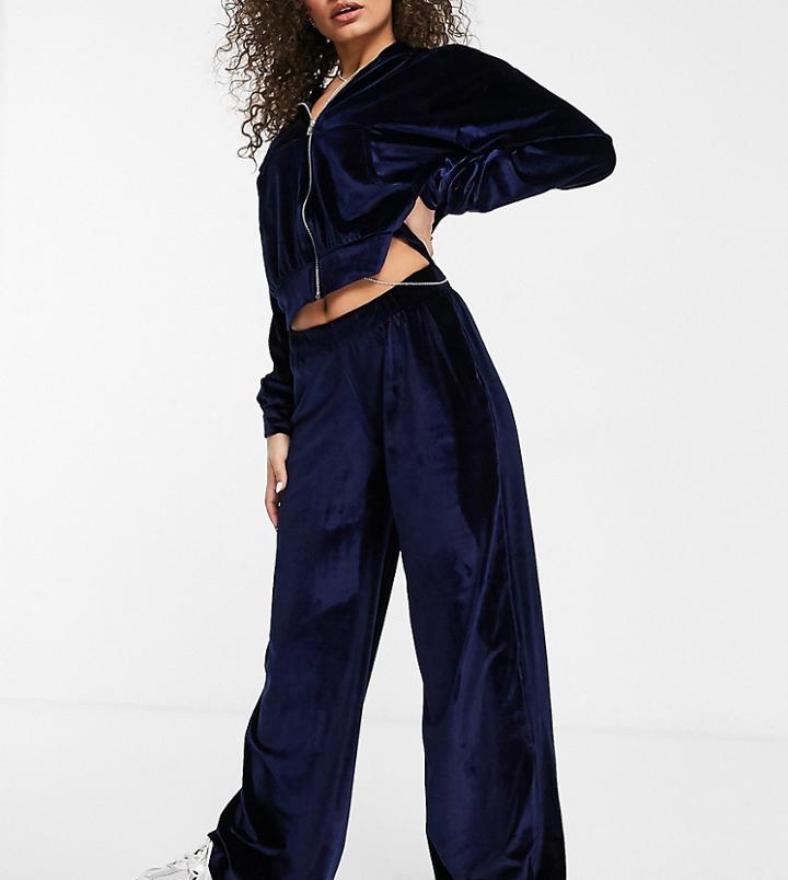 Fashionkilla Exclusive Velour Wide Leg Pants In Navy-blues