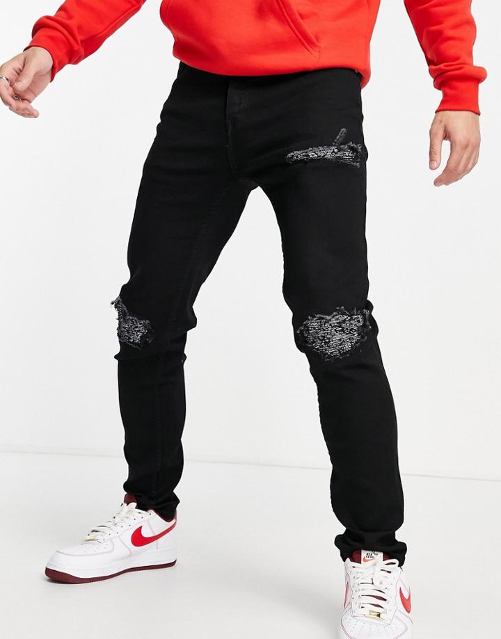 Sixth June Distressed Skinny Jeans With Tartan Detailing In Black