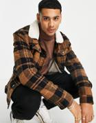 Threadbare Check Jacket With Sherpa Lining And Collar In Black & Stone-neutral