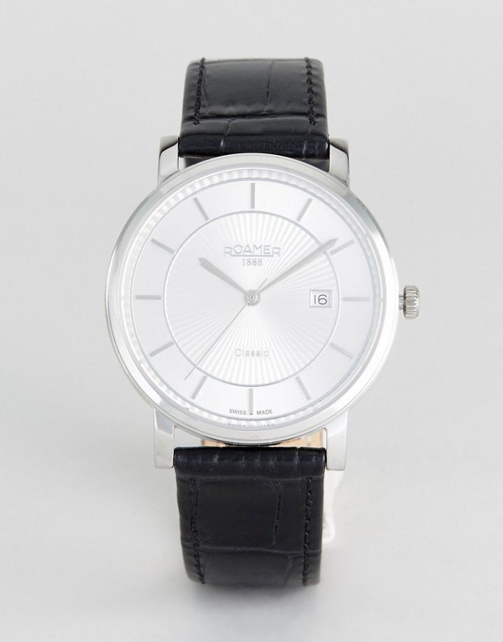 Roamer Watch With Silver Dial Black Leather Strap - Black