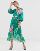 Liquorish Wrap Front Midi Tea Dress In Green Floral Print - Multi