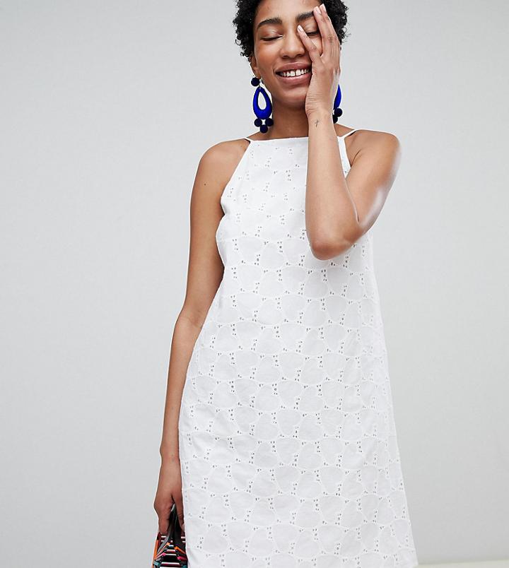 Asos Design Tall Low Back Mini Sundress In Heart Broderie - White