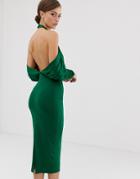 Asos Design Slinky High Neck Blouson Sleeve Open Back Midi Dress - Green