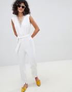 Mango Lace Front V Neck Jumpsuit In White - White