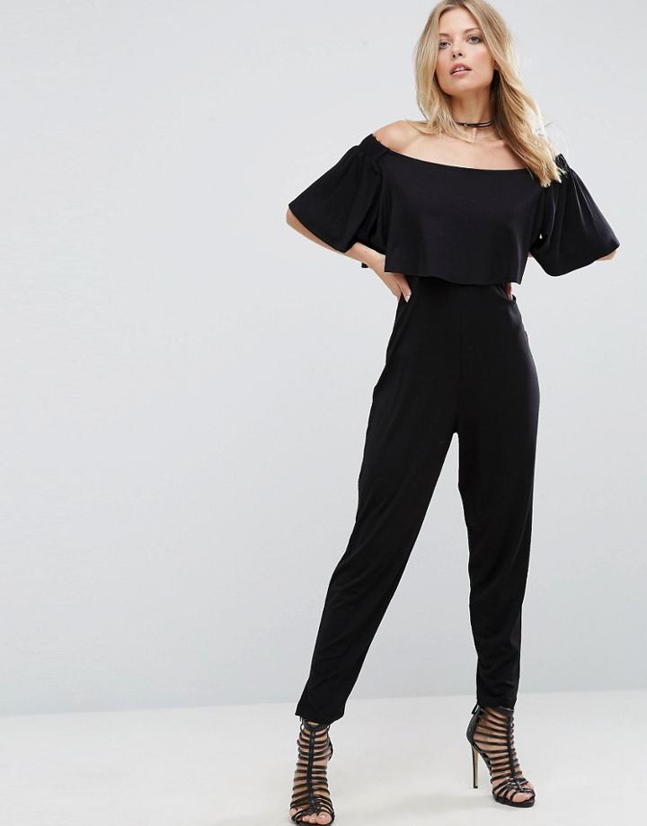 Asos Ruffle Bardot Jumpsuit In Jersey - Black