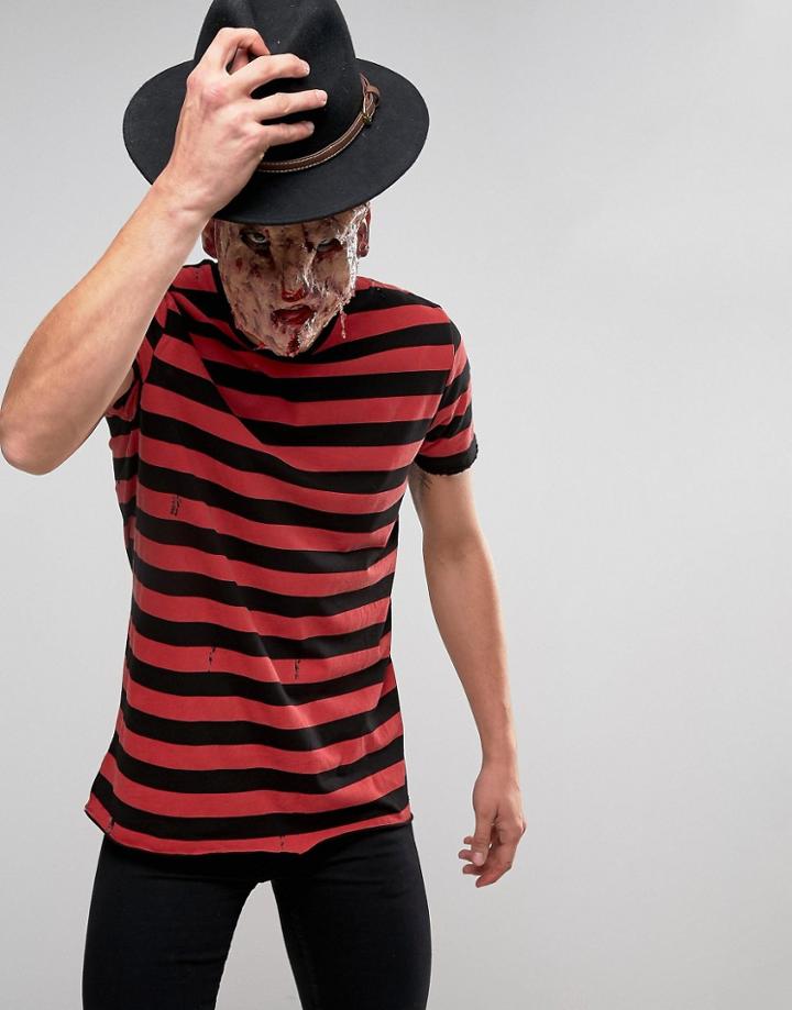 Asos Halloween Longline Stripe T-shirt With Distressing - Red
