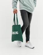 Asos Design Tote Bag In Green With Asos Text Print And French Text - Green