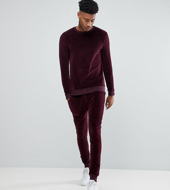 Asos Tall Tracksuit Muscle Sweatshirt/ Super Skinny Joggers In Burgundy Velour - Red