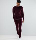 Asos Tall Tracksuit Muscle Sweatshirt/ Super Skinny Joggers In Burgundy Velour - Red
