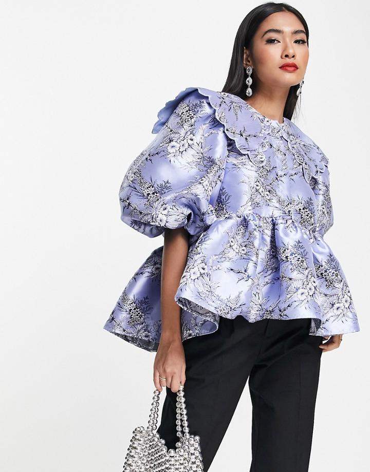 Asos Edition Smock Top With Collar In Blue Floral Jacquard-blues
