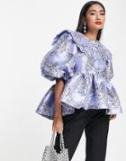 Asos Edition Smock Top With Collar In Blue Floral Jacquard-blues