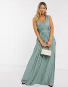 Asos Design Premium One Shoulder Pleated Panel Maxi Dress In Spearmint-green