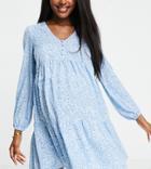 New Look Maternity Long Sleeve Smock Dress In Blue Pattern-blues