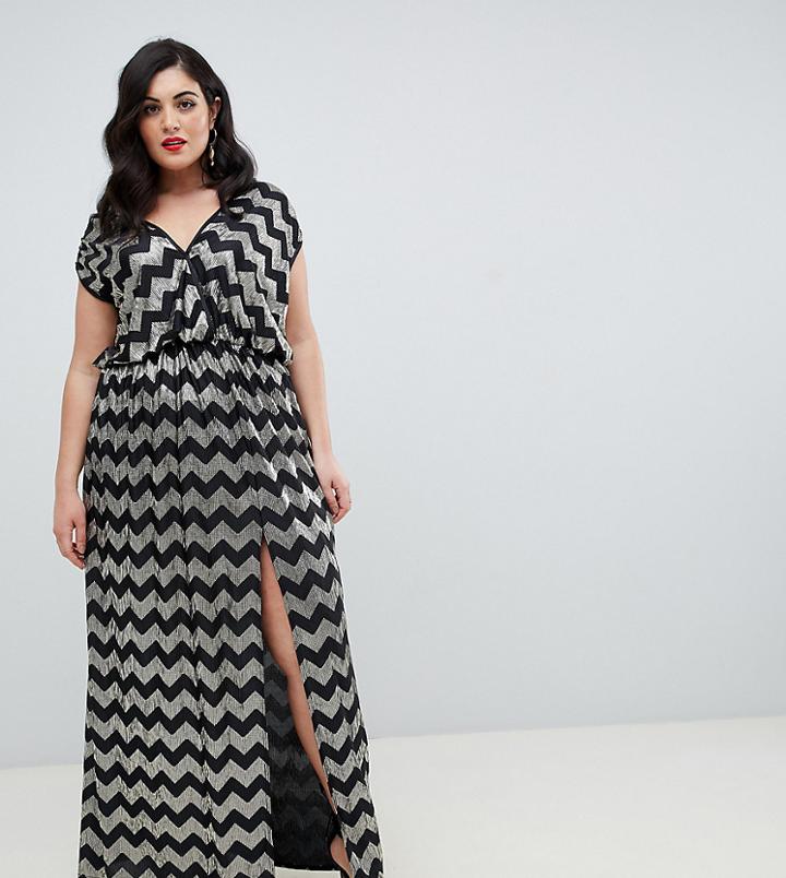 Flounce London Plus Maxi Dress With Split In Zig Zag Pattern - Black