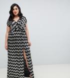 Flounce London Plus Maxi Dress With Split In Zig Zag Pattern - Black