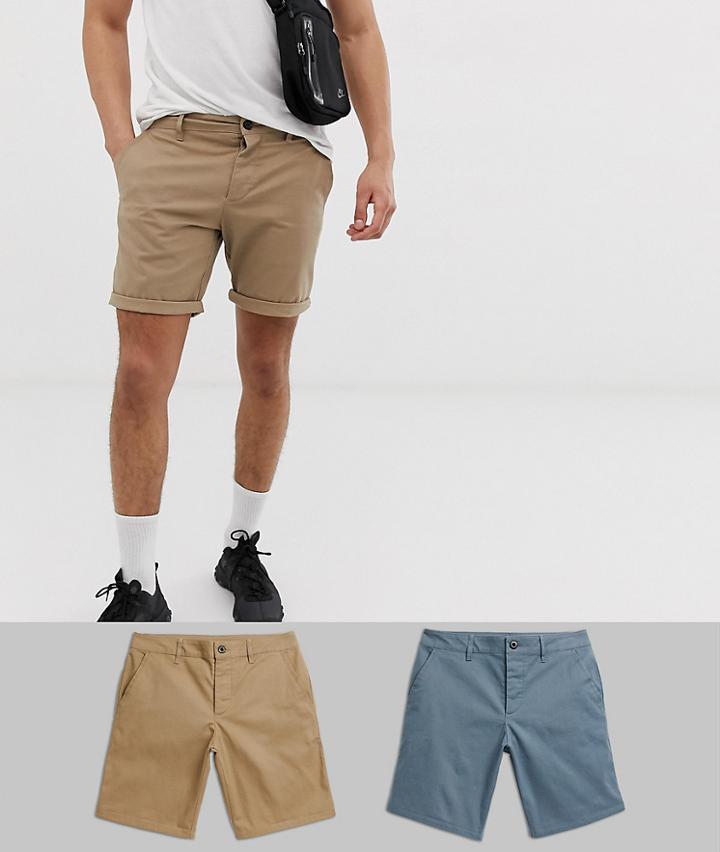 Asos Design 2 Pack Slim Chino Shorts In Storm Gray & Stone Save-multi