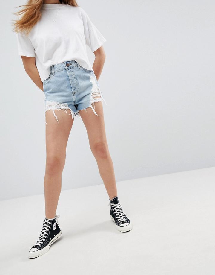 Asos Denim Shorts With Raw Hem In Light Blue Wash With Rips - Blue