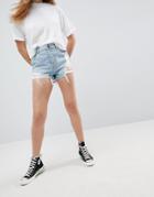 Asos Denim Shorts With Raw Hem In Light Blue Wash With Rips - Blue