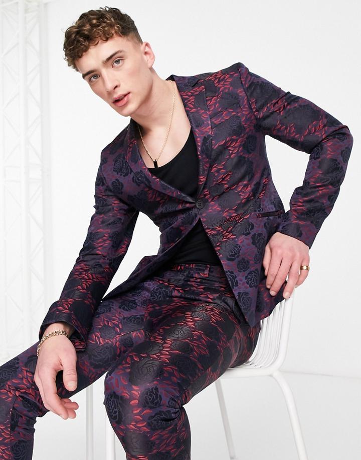 Bolongaro Trevor Super Skinny Fit All Over Jacquard Floral Suit Jacket-red