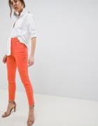 Asos Design Farleigh High Waisted Slim Mom Jeans In Neon Orange With Contrast Stitch - Orange