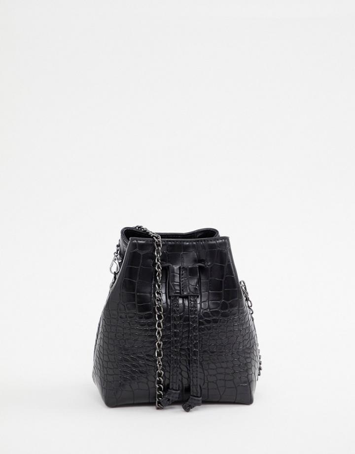 Prettylittlething Textured Cross Body Bag With Chain Detail In Black - Black