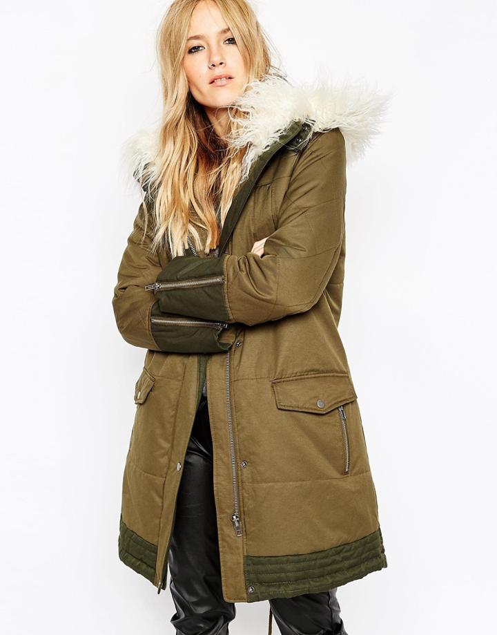 Asos Parka With Quilting Detail And Faux Mongolian Fur Trim - Khaki