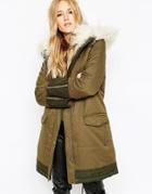 Asos Parka With Quilting Detail And Faux Mongolian Fur Trim - Khaki
