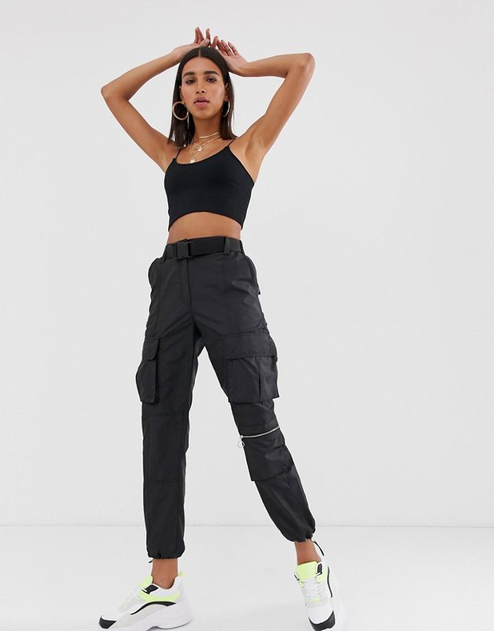 Bershka Belted Utility Pants In Black - Black