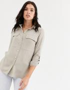 River Island Satin Shirt With Oversized Pockets In Cream-white