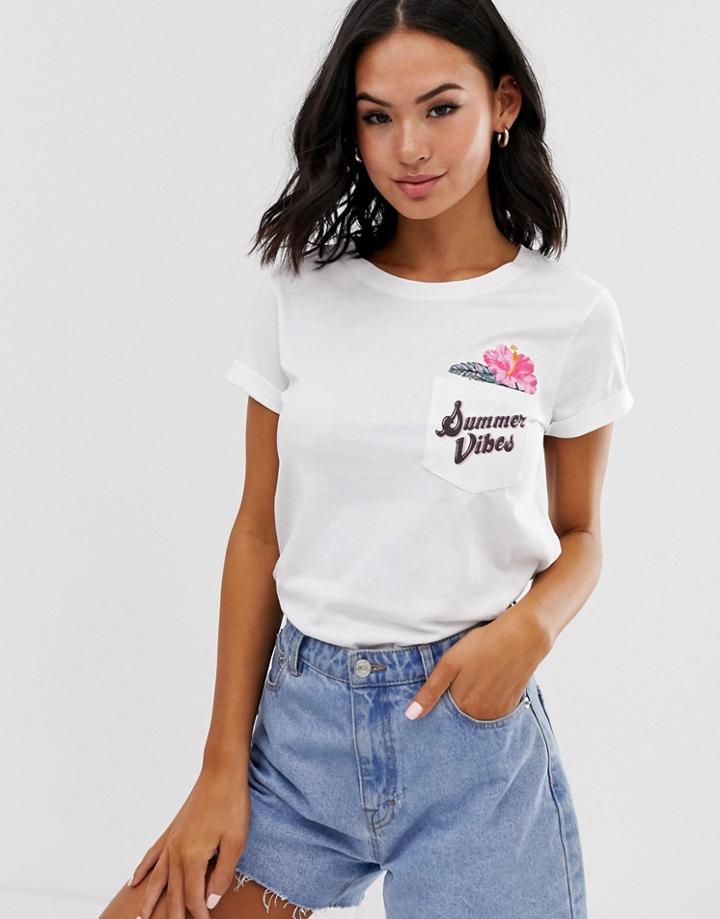 Brave Soul Summer Vibes T Shirt With Pocket Embroidery-white