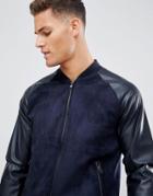 Celio Faux Suede Leather Jacket With Contrast Sleeves - Navy