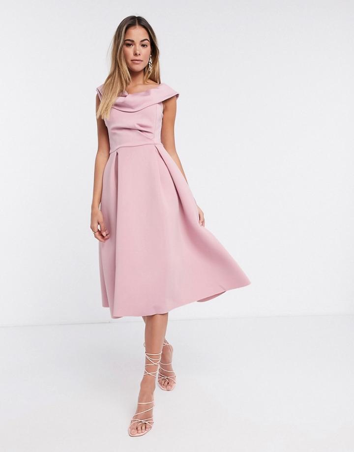 Asos Design Drape Fallen Shoulder Midi Skater Prom Dress In Rose-pink