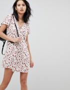 Honey Punch Wrap Dress In All Over Ditsy Rose Print - White