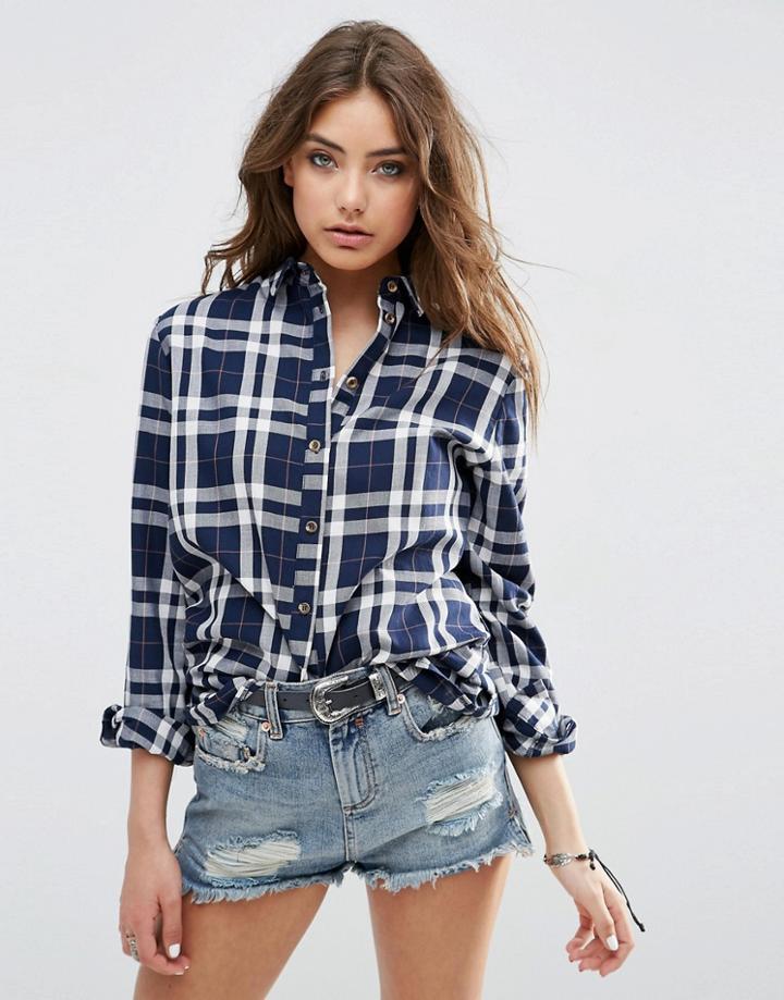 Asos Boyfriend Check Shirt In Navy Check - Multi